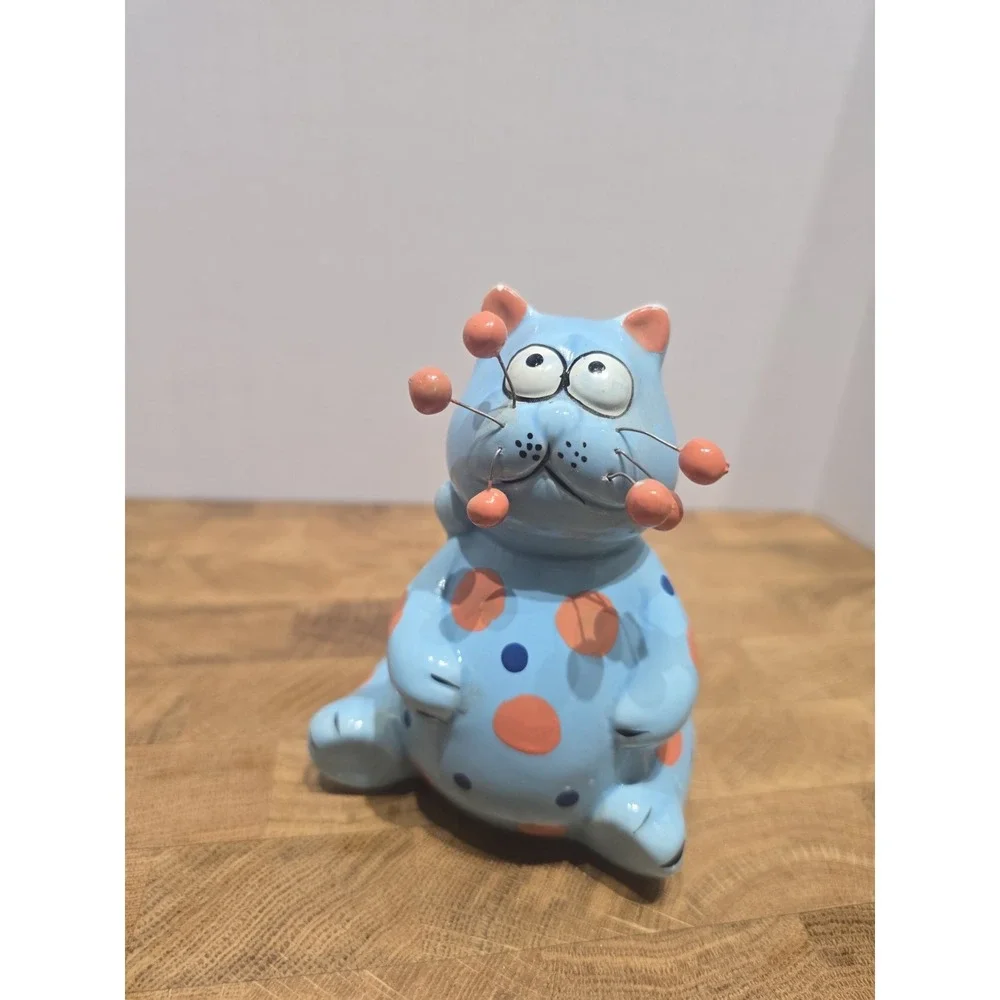 4.5 Inch Ceramic Whimsical Orange Dot Cat With Metal Pin Whiskers Figure